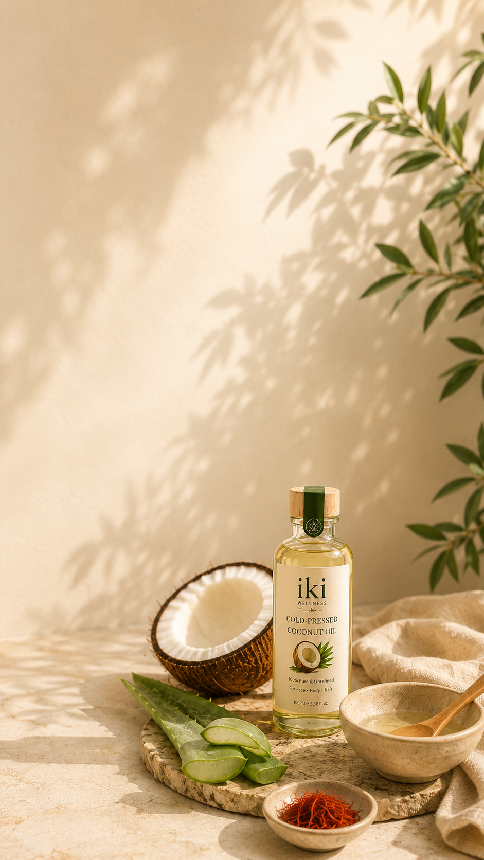 Iki Cold-Pressed Coconut Oil and natural skincare ritual ingredients